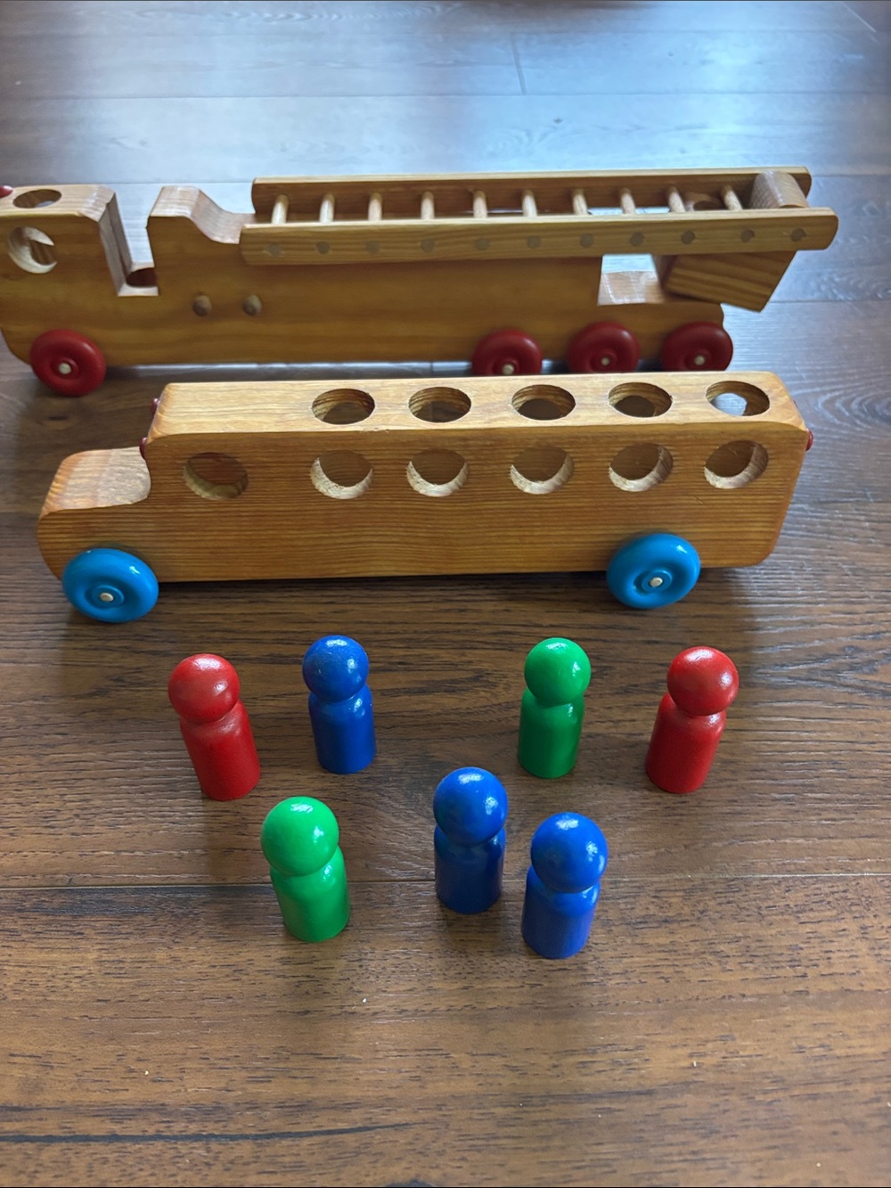 Vintage Wooden Pull-Along Toys Fire Truck and Bus